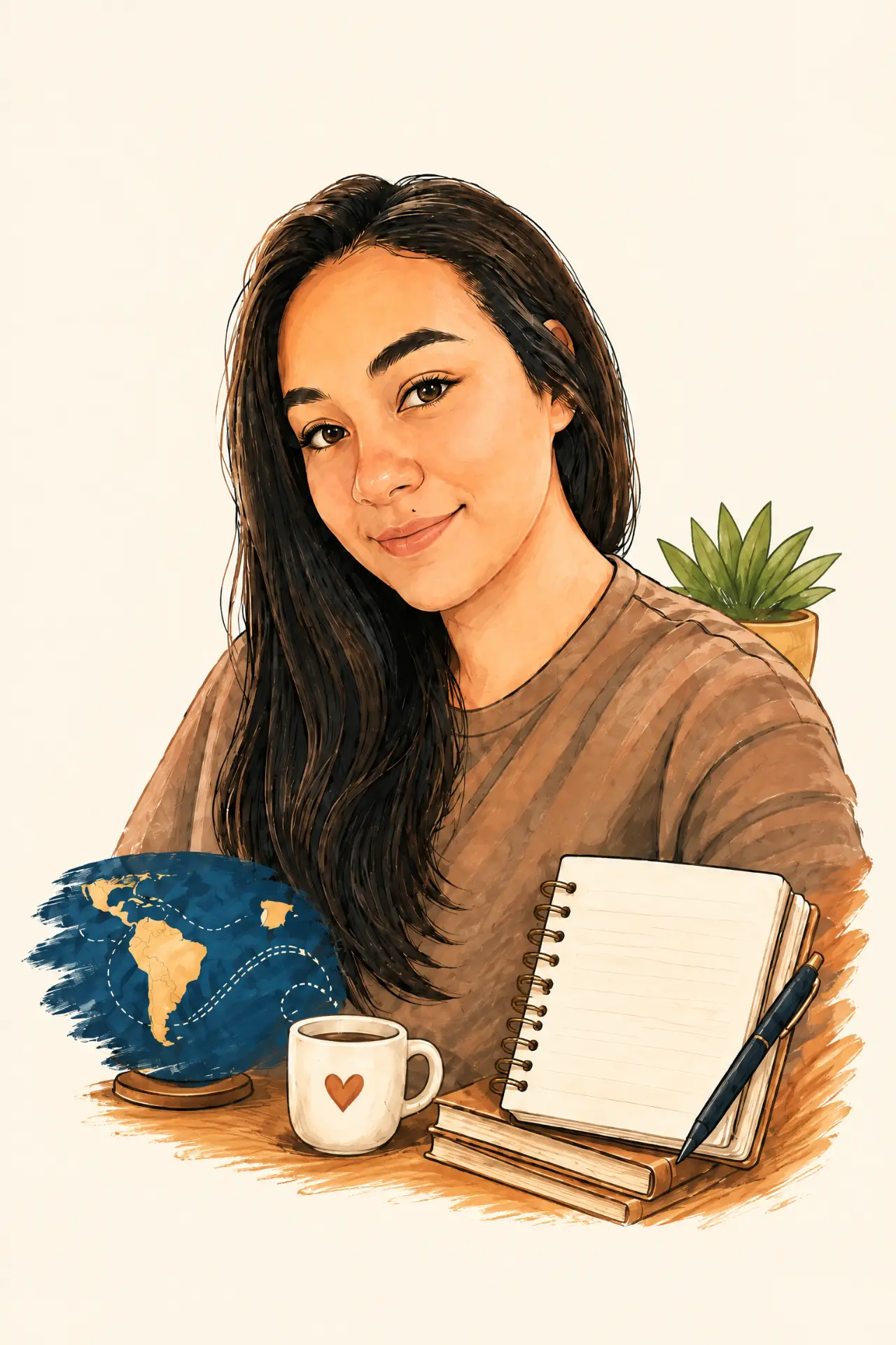 Illustration of the teacher with a globe, coffee and notebook
